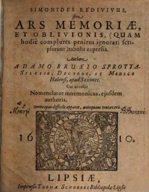 Simonides Redivivus, siue Ars Memoriæ, Et Oblivionis, (Quam hodie complures penitus ignorari scripserunt) tabulis expressa