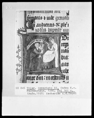 Perikopenbuch des Erzbischofs Kuno von Falkenstein: Während Zacharias im Tempel ein Räucheropfer darbringt, erscheint ihm der Erzengel Gabriel