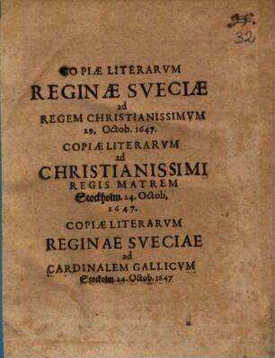 Copiae Literarum Reginae Sueciae ad regem christianissim.