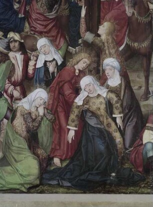 Thronende Madonna umgeben von einem Engelreigen, in der Umrahmung Propheten