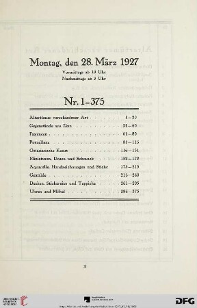 Montag, vormittags ab 10 Uhr und nachmittags ab 3 Uhr (Nr. 1-375)