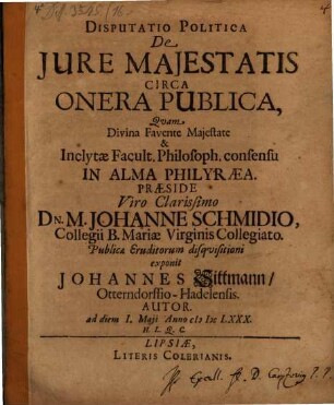 Disputatio Politica De Jure Maiestatis Circa Onera Publica