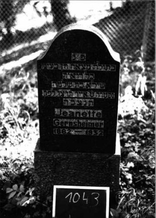 Grabstein 1043 (Index: 99803952) Material: Granit; Granit, poliert Zustand: sehr gut Maße HxBxT: 114x42x15 cm Beschreibung: Sockel, Stele mit Karniesbogen: Grabstein 1043