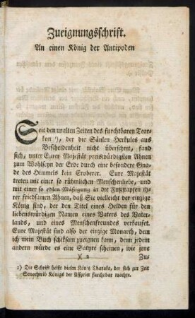 Zueignungsschrift. An einen König der Antipoden.