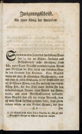 Zueignungsschrift. An einen König der Antipoden.