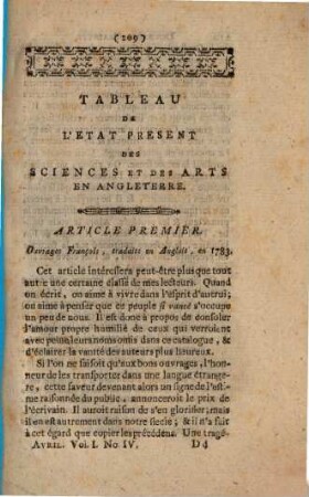 Tableau De L'État Présent Des Sciences Et Des Arts En Angleterre, 1,4. Avril 1784