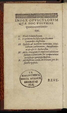 Index Opusculorum Quæ Hoc Volumine quarto continentur.