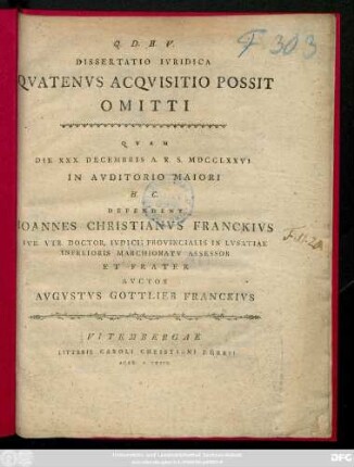 Dissertatio Ivridica Qvatenvs Acqvisitio Possit Omitti
