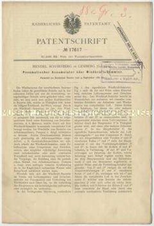 Patentschrift eines pneumatischen Akkumulators oder Windkraft-Sammler, Patent-Nr. 17617