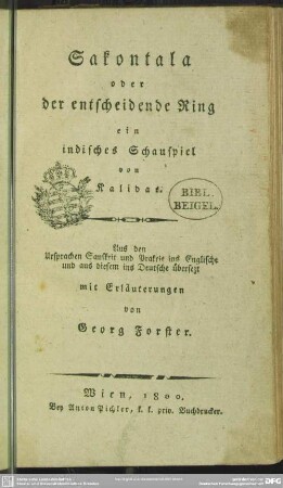 Sakontala oder der entscheidende Ring : ein indisches Schauspiel