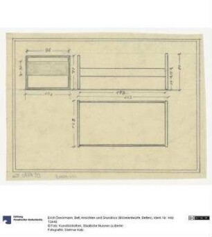 Bett, Ansichten und Grundriss (Möbelentwürfe, Betten)