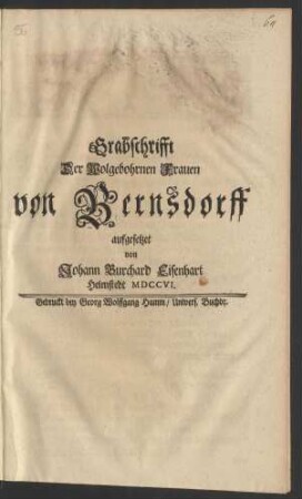 Grabschrifft der Wolgebohrnen Frauen von Bernsdorff