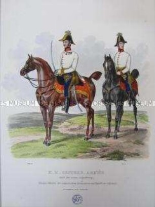 Uniformdarstellung, Stabsoffizier und Bataillons-Adjutant der Ungarischen Grenadiere zu Pferd, Österreich, 1840. Tafel aus: Trentsensky: K.K. Oesterreichische Armée nach der neuen Adjustirung.