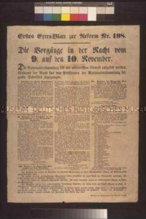 Maueranschlag: Die Vorgänge in der Nacht vom 9. auf den 10. November. Erstes Extrablatt zur Reform, Nr. 198; undatiert