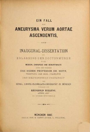 Ein Fall von Aneurysma verum aortae ascendentis : Inaugural-Dissertation