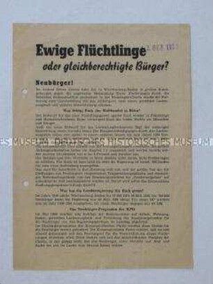 Propagandaflugblatt der KPD zu den Kommunalwahlen (?) in Württemberg-Baden mit Ausrichtung auf die Flüchtlinge und Vertriebenen