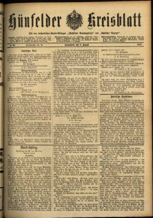 Ausgabe vom Samstag, den 09. August 1913.