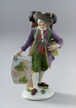 Porzellanfigur eines viel bepackten Hausierers