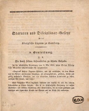 Statuten und Disciplinar-Gesetze für das königliche Lyzeum zu Bamberg