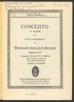 Concerto D major : for violin and orchestra : Köchel No. 211