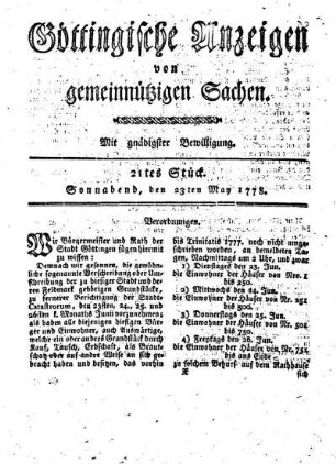 21tes Stück. Sonnabend, den 23ten May 1778.