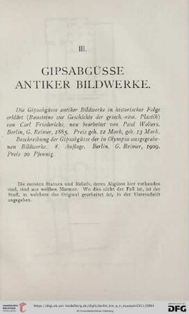 III. Gipsabgüsse antiker Bildwerke