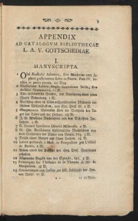 Appendix Ad Catalogum Bibliothecae L. A. V. Gottschediae
