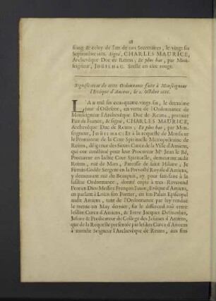 Signification de cette Ordonnance faite à M. l`Evêque d´Amiens, le 2. Octobre 1686.