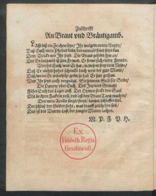 Zuschrifft An Braut und Bräutigamb.