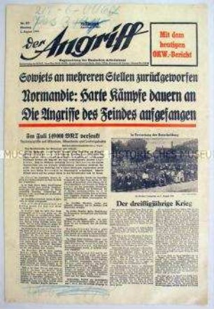 Tageszeitung "Der Angriff" über Kämpfe an der Ostfront und in der Normandie