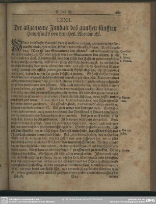 LXXII. Der allgemeine Innhalt des gantzen fünfften Hauptstücks von dem Heil. Abendmahl