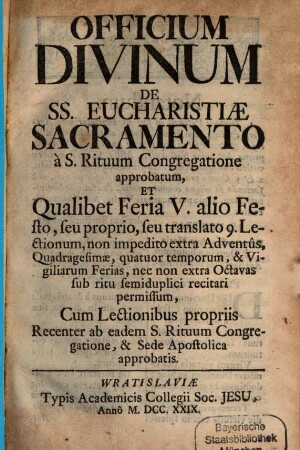 Officium de sanctissimo Eucharistiae sacramento