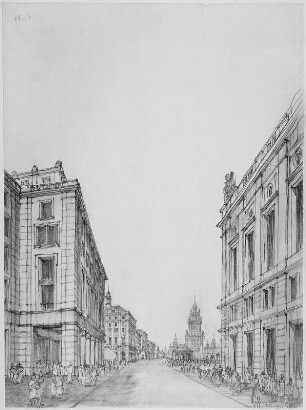 Seestraße : Dresden, Entwurf: Wiederaufbau der Seestraße mit Blick nach Norden über den Altmarkt zur Schloßstraße, Pergament, Blei, 1953.