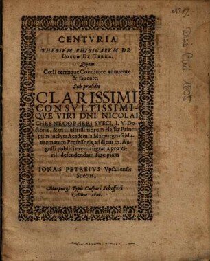 Centvria Thesivm Physicarvm De Coelo Et Terra