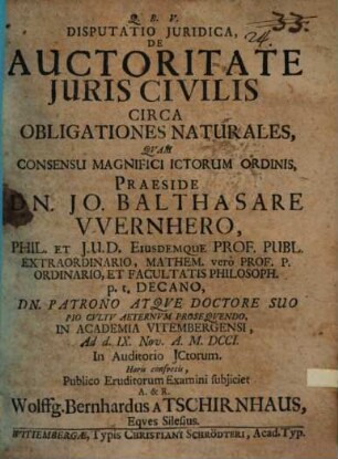 Disputatio Juridica, De Auctoritate Juris Civilis Circa Obligationes Naturales