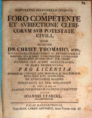 Dispvtatio Inavgvralis Ivridica De Foro Competente Et Svbiectione Clericorvm Svb Potestate Civili