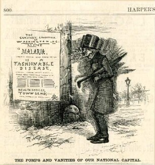 The pomps and vanities of our national capital : ein Mann schüttelt sich als er auf einem Plakat liest, dass Malaria lediglich eine Modekrankheit sei