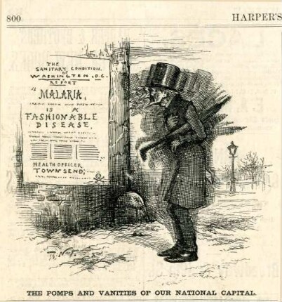 The pomps and vanities of our national capital : ein Mann schüttelt sich als er auf einem Plakat liest, dass Malaria lediglich eine Modekrankheit sei