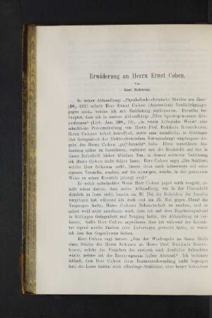Erwiderung an Herrn Ersnt Cohen.