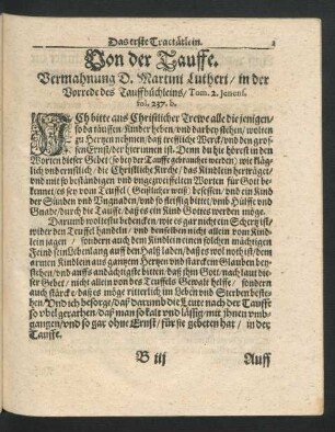 Das erste Tractätlein. Von der Tauffe.