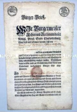 Bürgerbrief der Stadt Charlottenburg für Johann Daniel Bruckner; Charlottenburg, 7. Dezember 1769. Gebührenstempel, papiergedecktes Siegel
