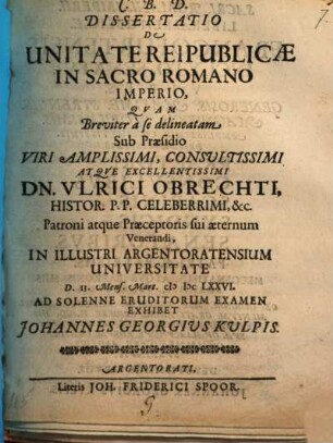 Dissertatio De Unitate Reipublicae In Sacro Romano Imperio