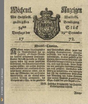 34tes Stueck, Dienstags den 29ten September 1772