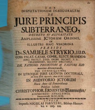 Disputationem Inauguralem De Jure Principis Subterraneo