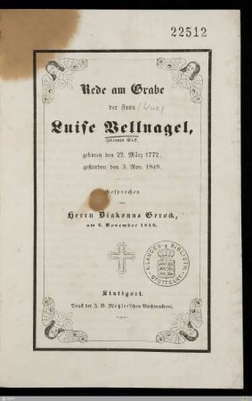 Rede am Grabe der Frau Luise Vellnagel, gebornen Sick : geboren den 22. März 1772, gestorben den 3. Nov. 1849