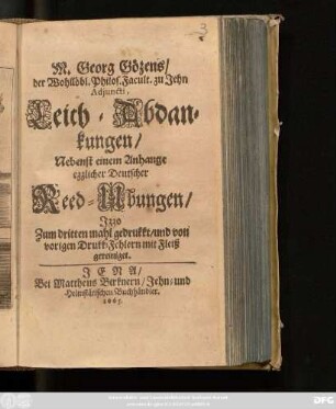 M. Georg Gözens/ ... Leich-Abdankungen