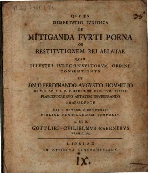 Dissertatio Ivridica De Mitiganda Fvrti Poena Ob Restitvtionem Rei Ablatae