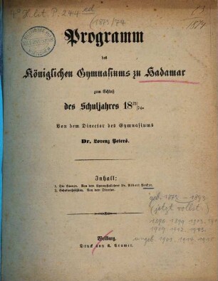 Programm des Königlichen Gymnasiums zu Hadamar : über das Schuljahr ..., 1873/74