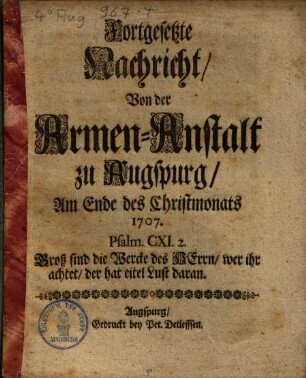 Fortgesetzte Nachricht, Von der Armen-Anstalt zu Augspurg, Am Ende des Christmonats 1707