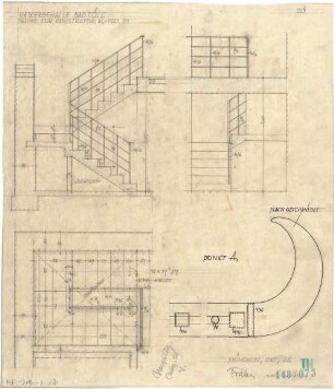 Fischer, Theodor; Bad Tölz (Bayern); Gewerbehalle - Treppe zur Registratur (Grundriss, Schnitte, Detail)